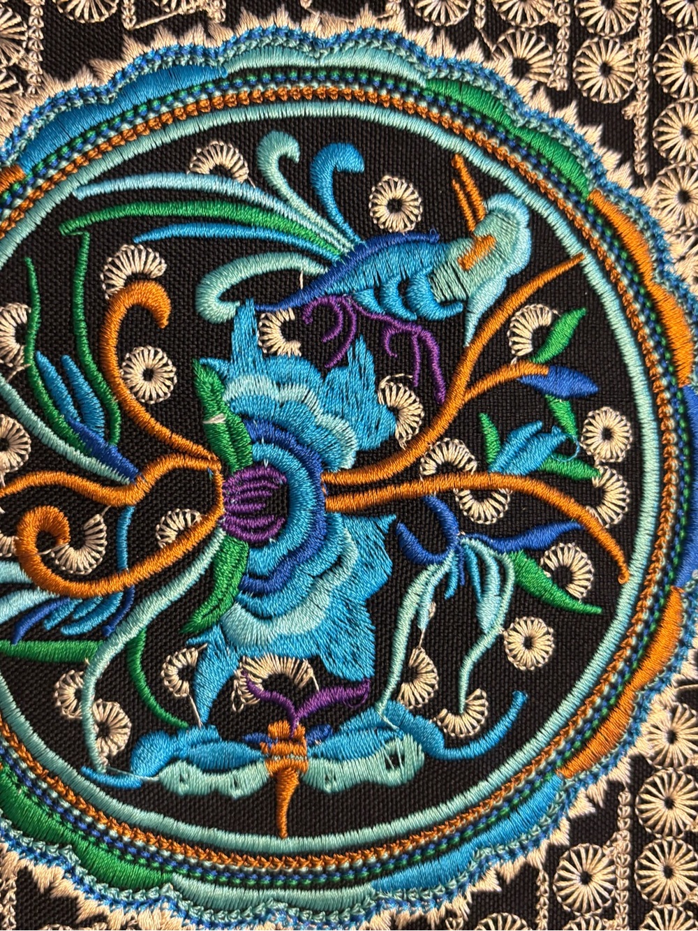 Backpack - Embroidered Floral Black and Blue Drawstring - Picture 5 of 8